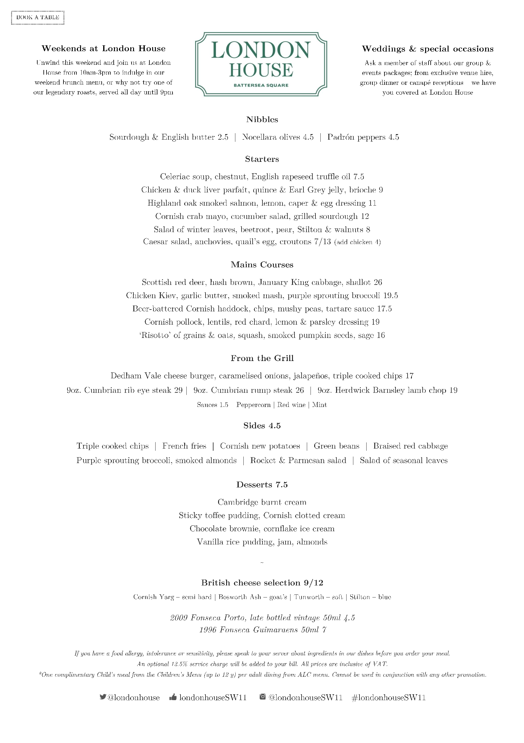 Menus London House, Battersea Gordon Ramsay Restaurants