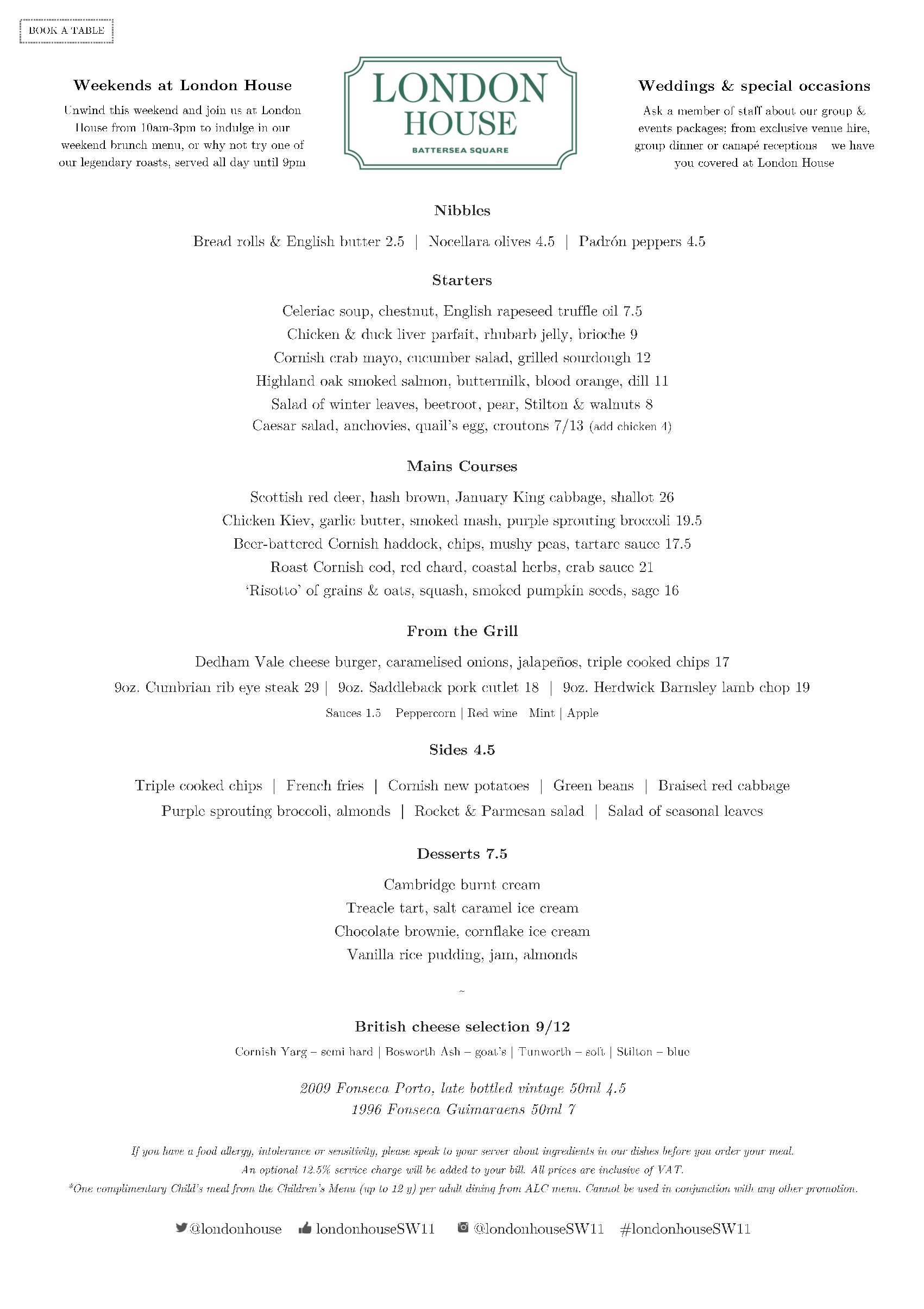 Menus London House, Battersea Gordon Ramsay Restaurants