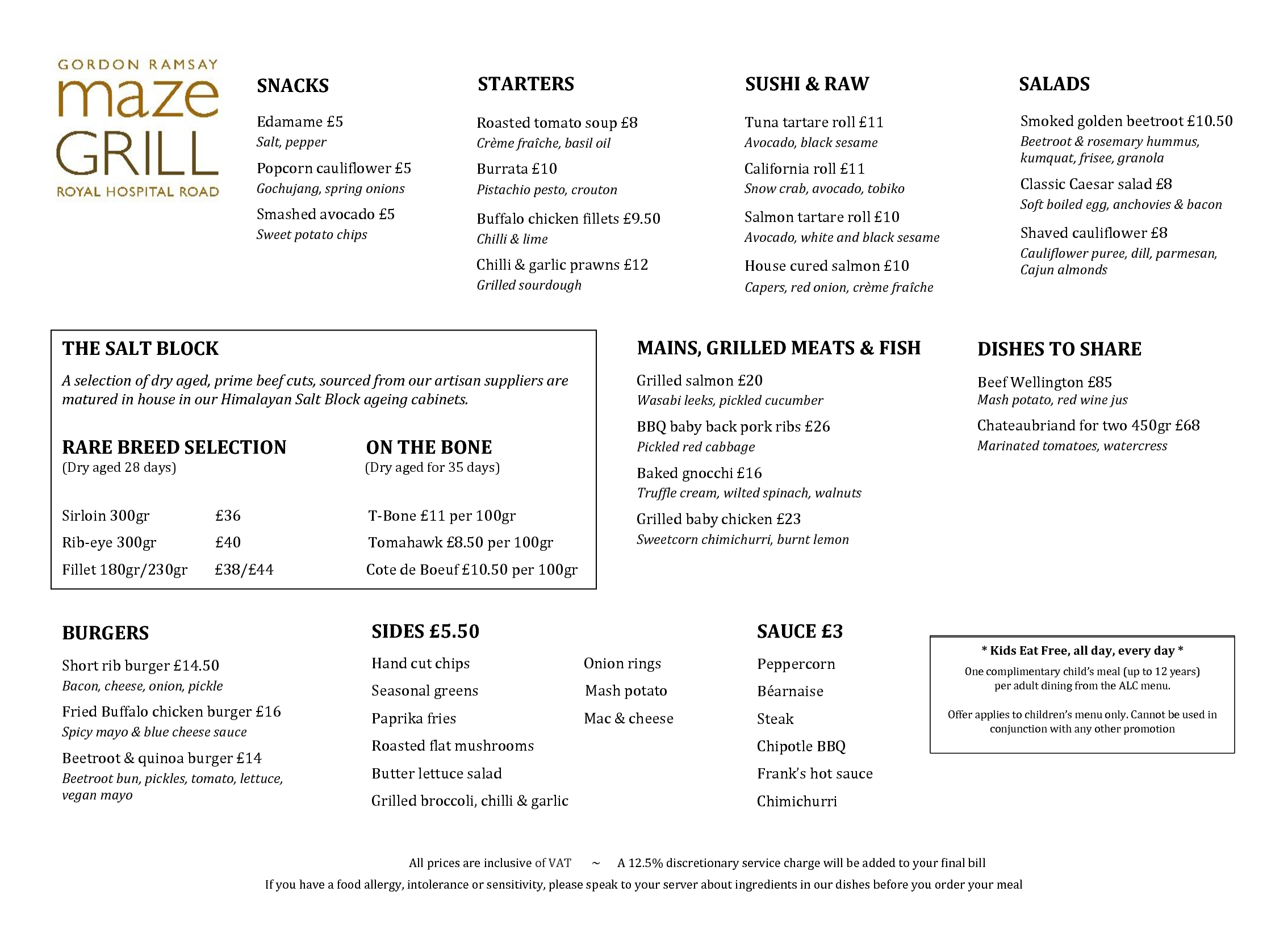 Menus Maze Grill Royal Hospital Road Gordon Ramsay Restaurants