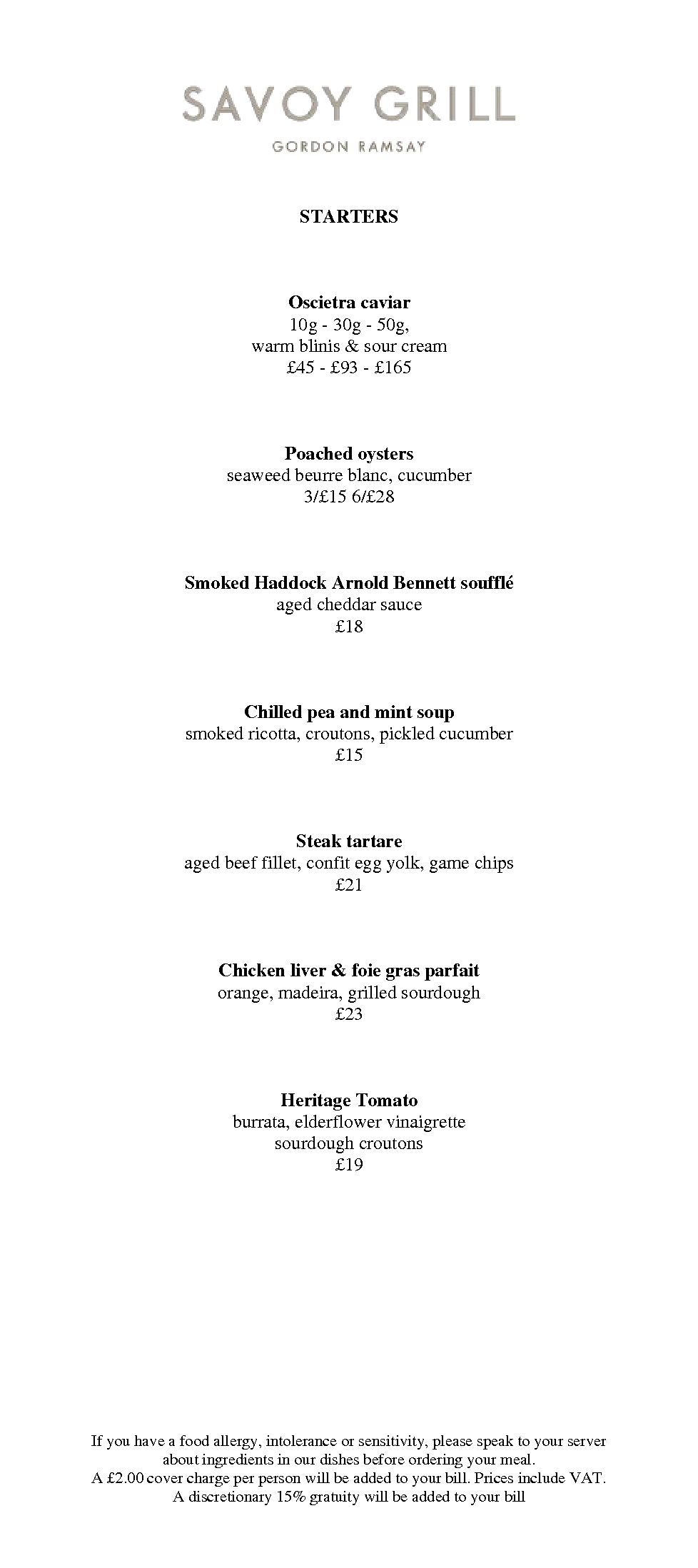 Menus Savoy Grill Gordon Ramsay Restaurants