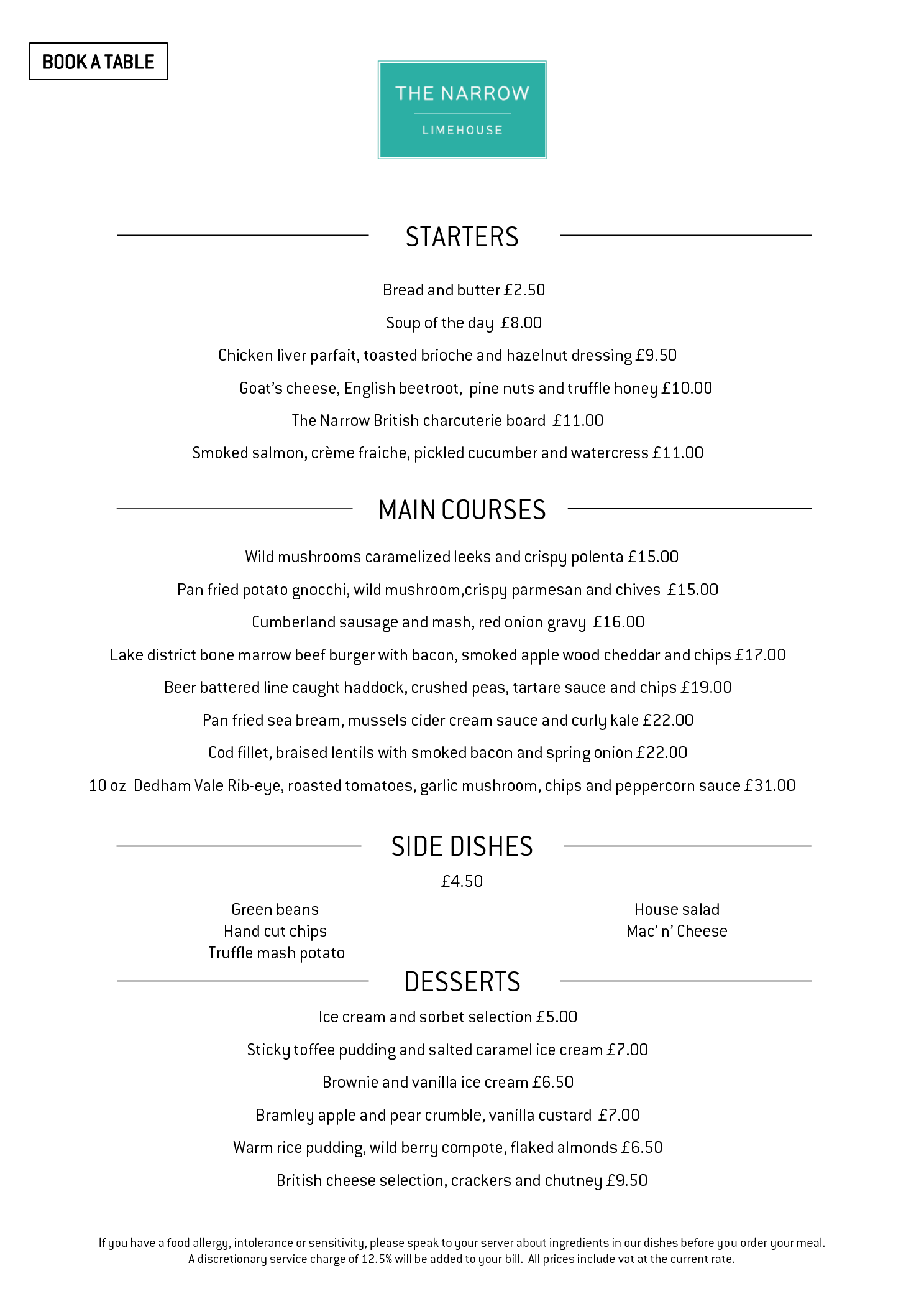 Menus The Narrow Gordon Ramsay Restaurants