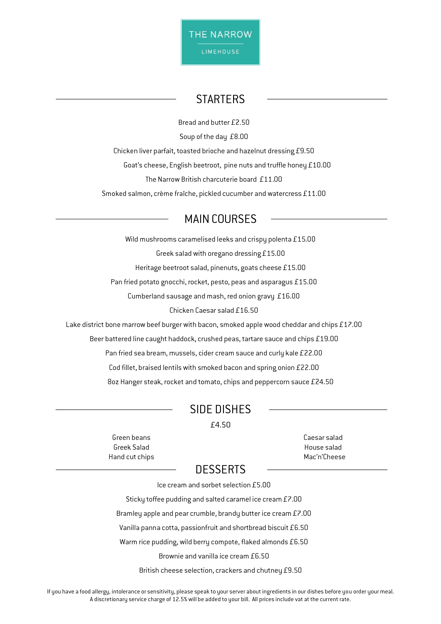 Menus The Narrow Gordon Ramsay Restaurants