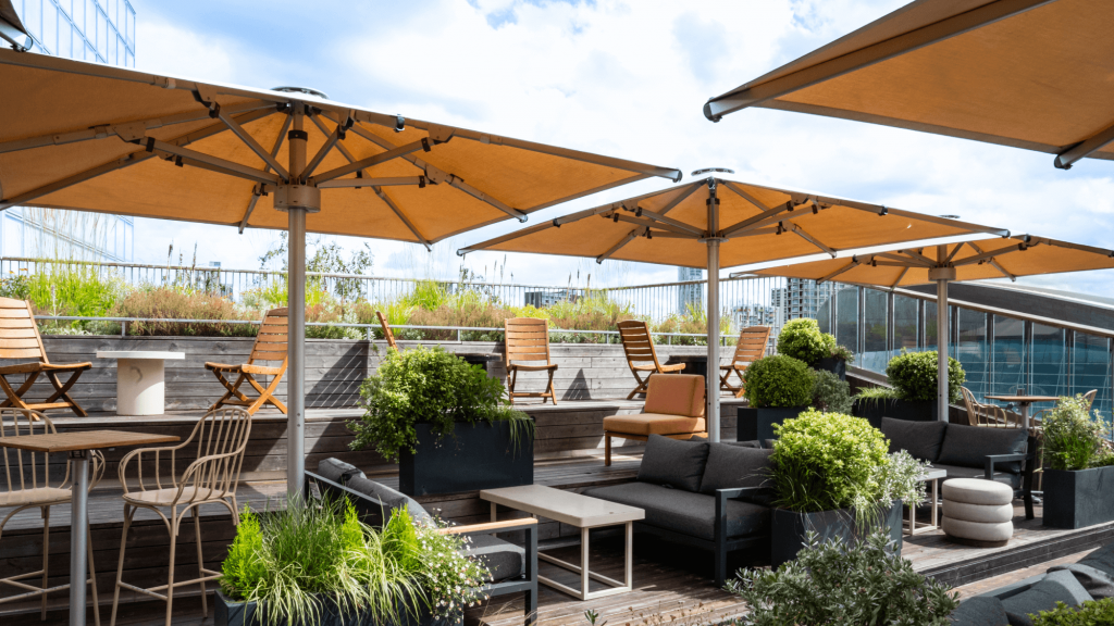 Rooftop dining area of Bread Street Kitchen Stratford