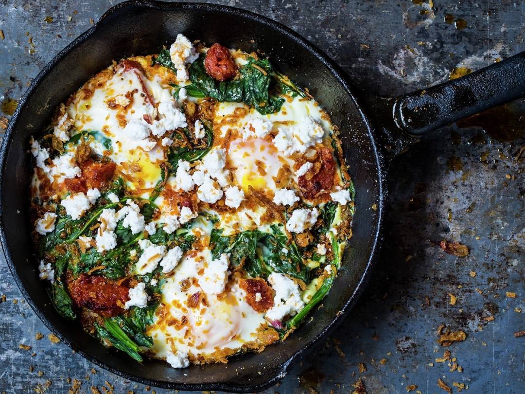 vb698322 Baked eggs spicy chorizo spinach crispy onions ricotta 1 