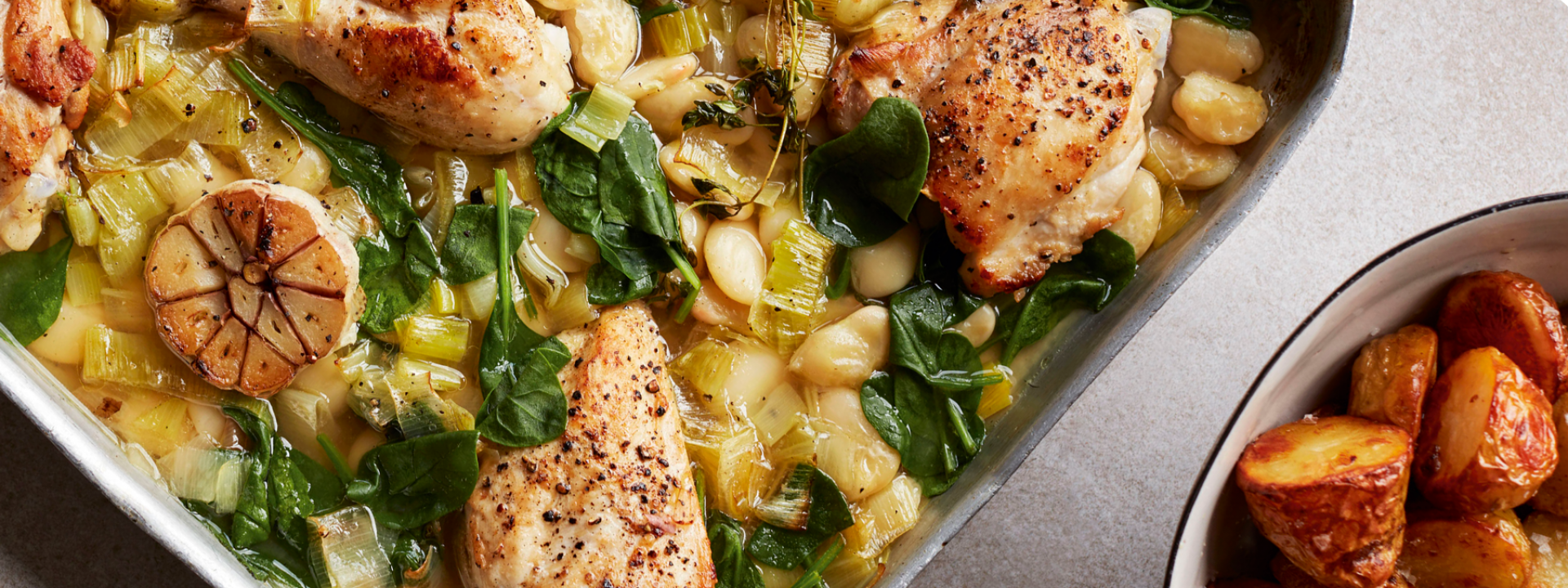 TRAY BAKED CHICKEN WITH BUTTER BEANS LEEKS AND SPINACH