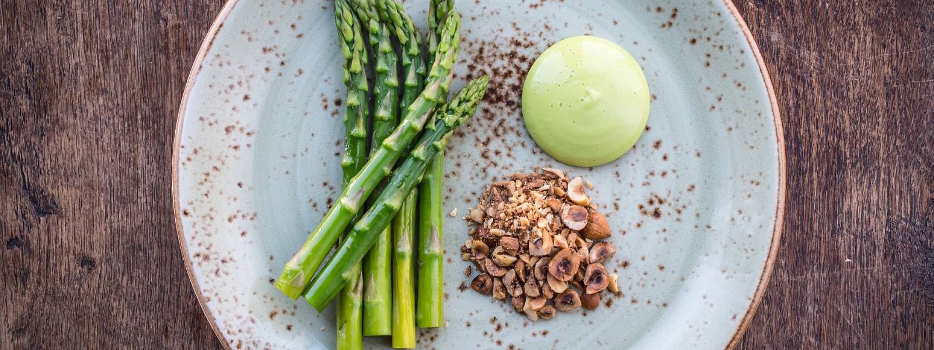 Wye Valley asparagus wild garlic mayo hazelnuts