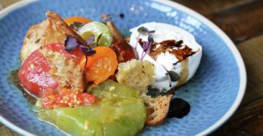 MG Burrata Salad peach miso marinated tomatoes