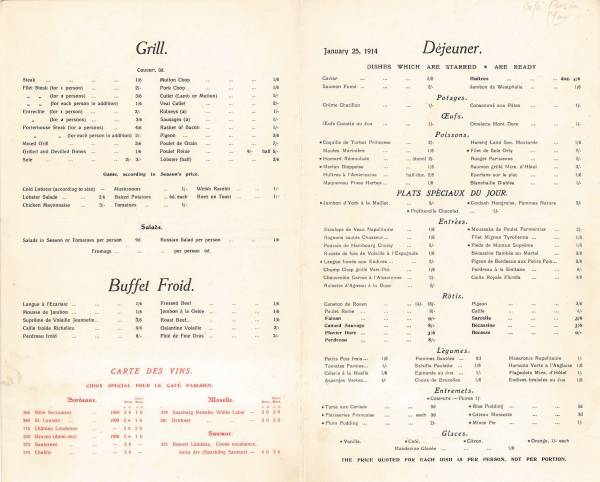 1914 menu Savoy Grill dejeuner 25 January medium