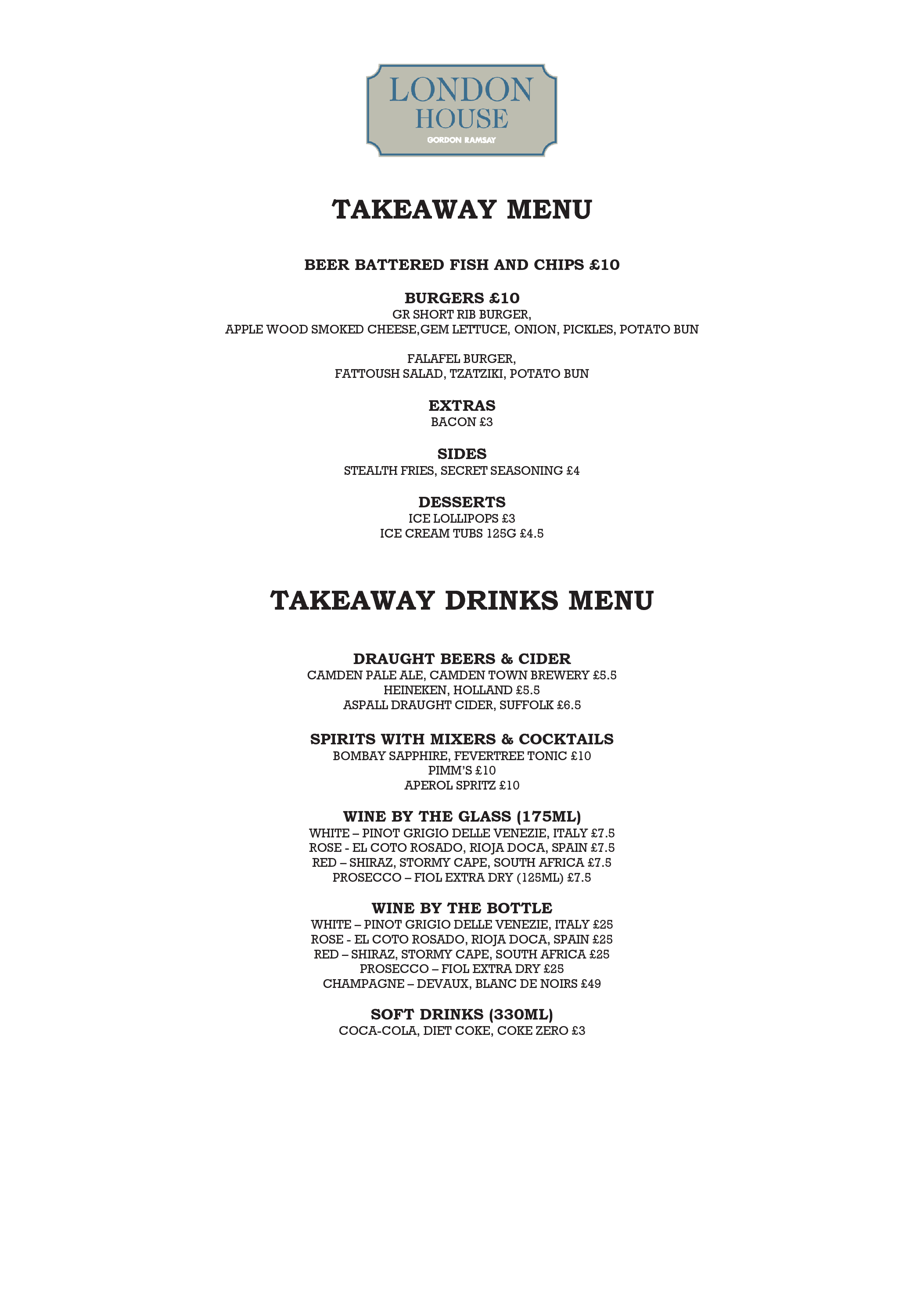 Menus London House, Battersea Gordon Ramsay Restaurants