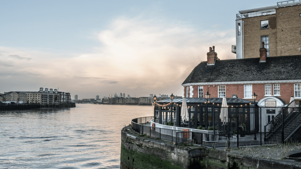 Outside of Bread Street Kitchen & Bar Limehouse, on the River Thames