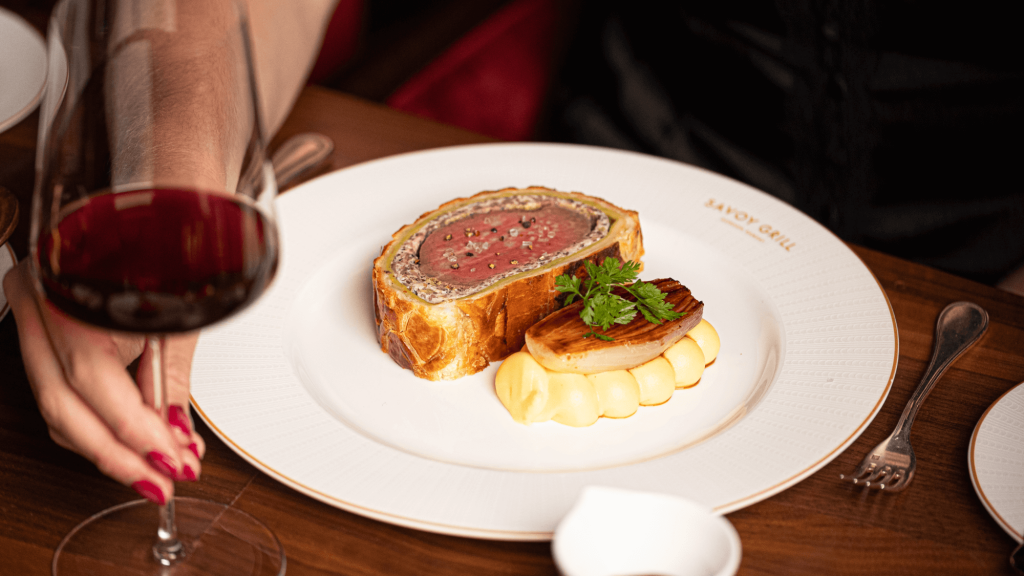 Beef Wellington with red wine at Savoy Grill London