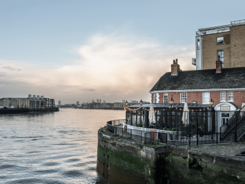Outside of Bread Street Kitchen & Bar Limehouse, on the River Thames
